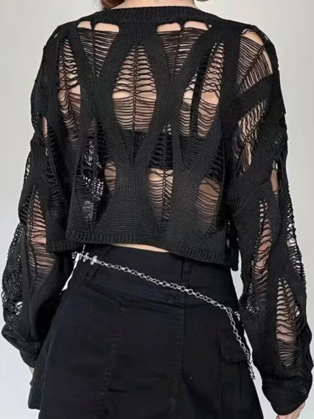 Grunge Cutout Cropped Long Sleeve Sweater Top - Picture 2 of 3
